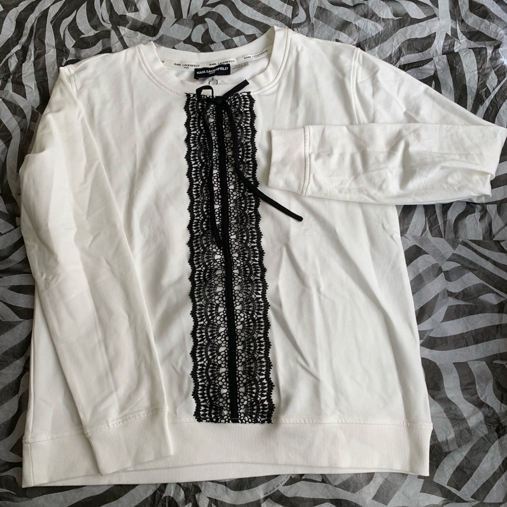 Karl Lagerfeld White Sweatshirt Black Lace NEW